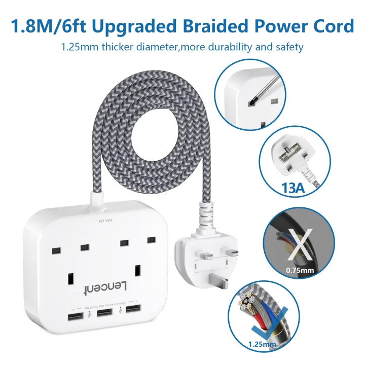 LENCENT%20Mini%20Extension%20Lead%20with%203%20USB%20Port,%202%20Way%20Outlets%20Power%20Strip%20with%203%20USB%20Slots,%20Multi%20Plug%20Power%20Extension%20with%201.8M%20Braided%20Extension%20cord%20for%20Home%20Office%20Travel%20(13A%203250W)%20-%20Image%207