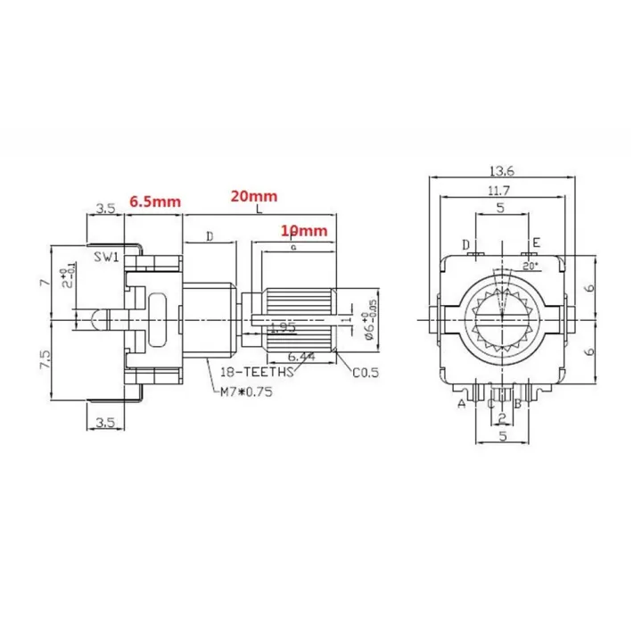 5PCS%205Pin%20with%20Push%20Button%2020%20Position%20Digital%20Potentiometer%20Coding%20Switch%20Rotary%20Encoder%20EC11%20-%20Image%202