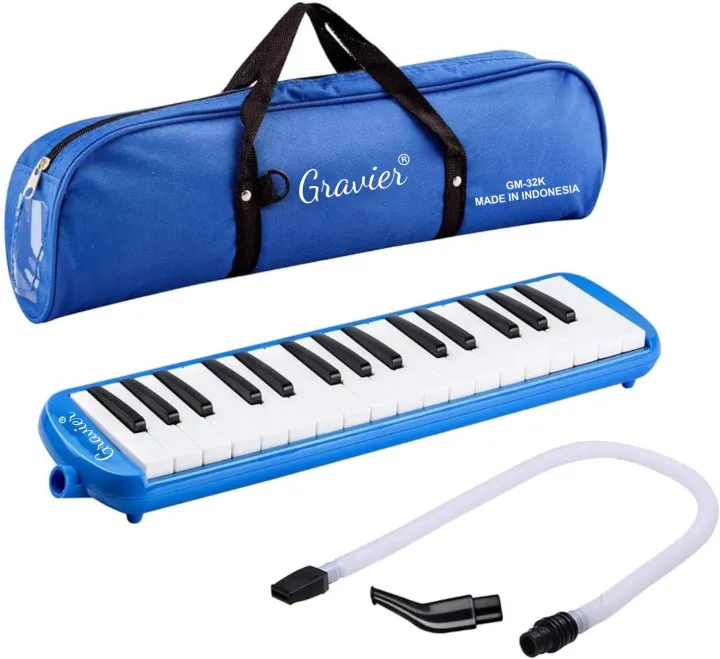 Gravier 32 Keys Melodica Made in indonesia with Soft Case 1 year warranty - Blue, pink, Green (13 Black Keys) Double Tubes Mouthpiece Air Piano Keyboard Musical Instrument with Carrying Bag - Blue indonesian melodica