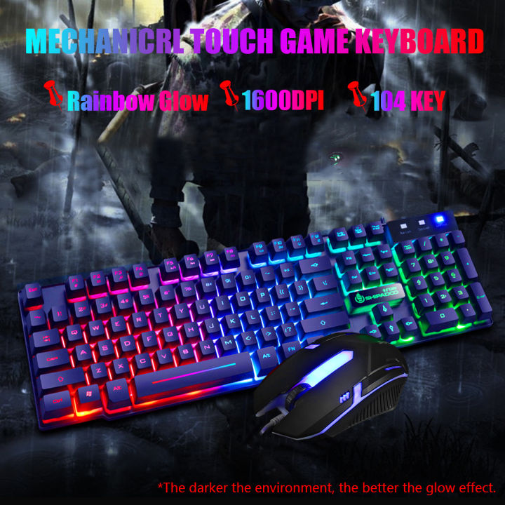 Keyboard Gaming  Keyboards Mouse Combo-104keys Wired Rainbow Glow LED Keyboard with USB 1600DPI Gaming Mouse Set