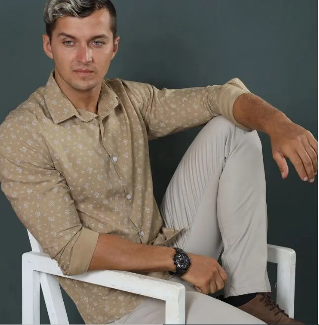 Beige Printed Casual L/S Shirt