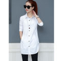 Yfashion Women Cotton Shirt Solid Color Lapel Long Sleeve Slim Fit Top Mid-length Cardigan T-shirt color. 