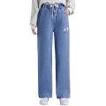 Embroidered Striped Denim Trousers for Older Girls12--16Jeans Women's Loose Slimming High Waist Big Children's Wide Leg Pants. 