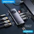 Vention USB C 10 in 1 HUB 4K 60Hz 5Gbps MST Docking Station Type C to HDMI DP USB 3.0 RJ45 100W PD SD TF Card Reader Aluminum Alloy Circular LED HUB. 