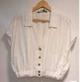 Women’s White Collared Button Down Crop Top – Casual Short Sleeve Blouse. 