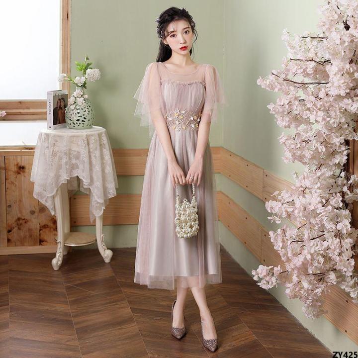 Graduation%20Gray%20New%20Section%20Bridesmaid%20Slim%20Fit%202023%20Dress%20Mid-Length%20Elegant%20Sisters%20Summer%20Tuoxian%20Korean%20Style%20Clothes%20Wedding%20-%20Image%208