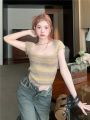 Korean Style Mixed Color Stripe Short Knitted T T-shirt Women's Summer New High Waist Bare Midriff Slim Fit All-Match Short-Sleeved Shirt Fashion. 