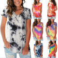 2023Years European And American-Style New Women's ClothingVCollar Loose Tie-Dyed Short SleeveTT-shirt Blouses. 