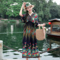 【ZIME】Women Bohemian Floral Printed Short Sleeve Long Dress V-neck Party Beach Maxi Dress. 