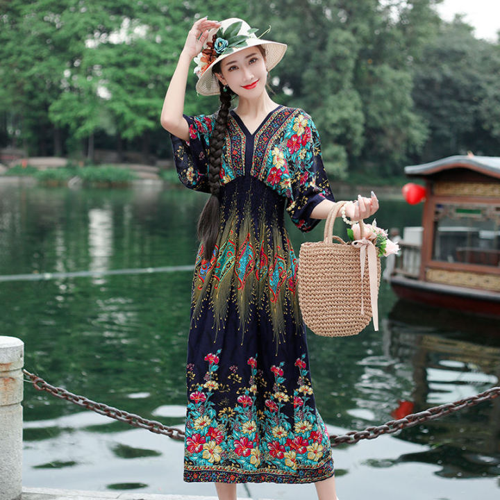 【ZIME】Women Bohemian Floral Printed Short Sleeve Long Dress V-neck Party Beach Maxi Dress
