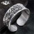 S999 Pure Silver Handmade Men's Retro Wide Face Personality Fashion Silver Bracelet   Glossy Concave Carved Sterling Silver Bracelet. 