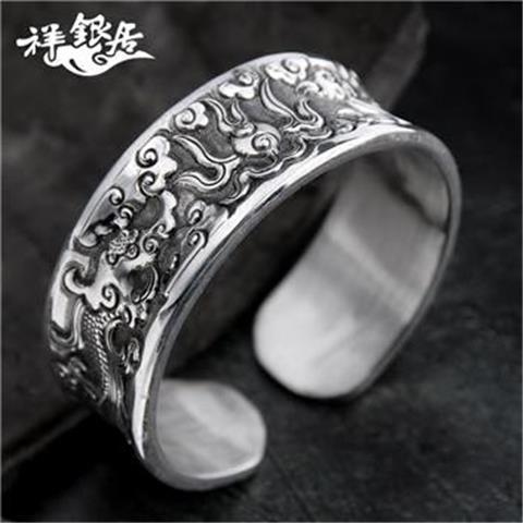 S999 Pure Silver Handmade Men's Retro Wide Face Personality Fashion Silver Bracelet   Glossy Concave Carved Sterling Silver Bracelet