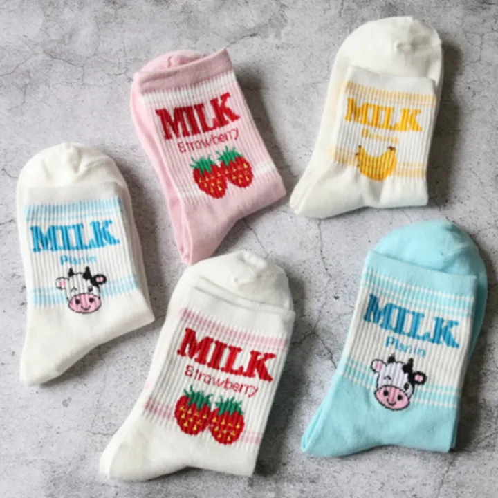 Pile Heap Milk Women Pink Socks Cotton Cartoon Fruit Print Cute Socks Harajuku Cow Strawberry Banana Meias 39
