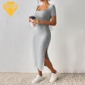 Solid Color Square Neckline Dress Square Neck Knitted Midi Dress for Women Summer Party Commute Dress Women Dress. 