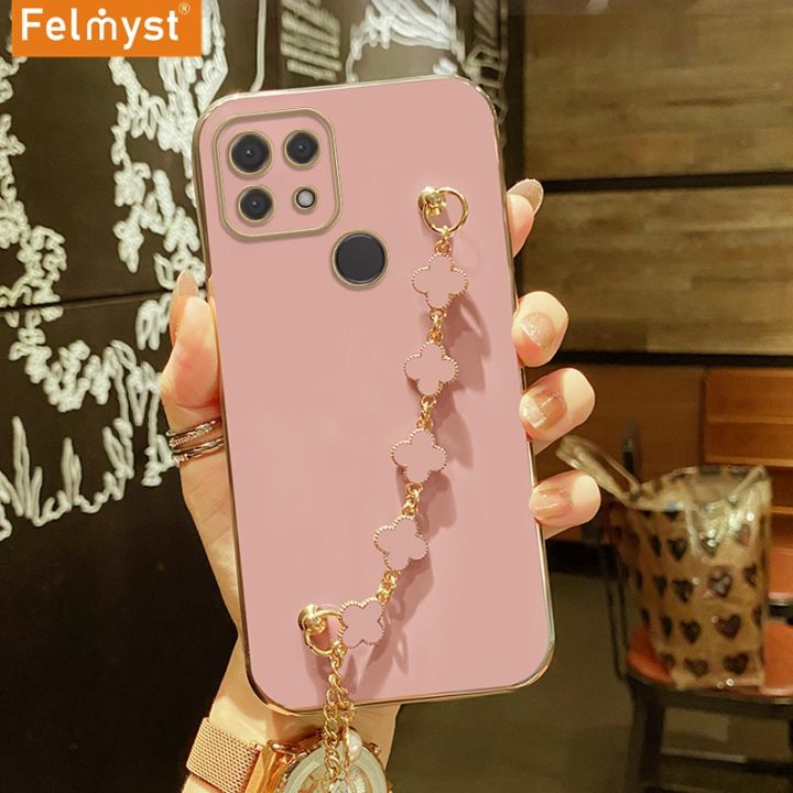 DuBaiNi Case For Xiaomi Redmi 10C Luxury Plating Fashion Lucky Clover Metal Bracelet Mobile Phone Chain Casing Soft Shockproof Cover for Girls For Rings With Lanyard
