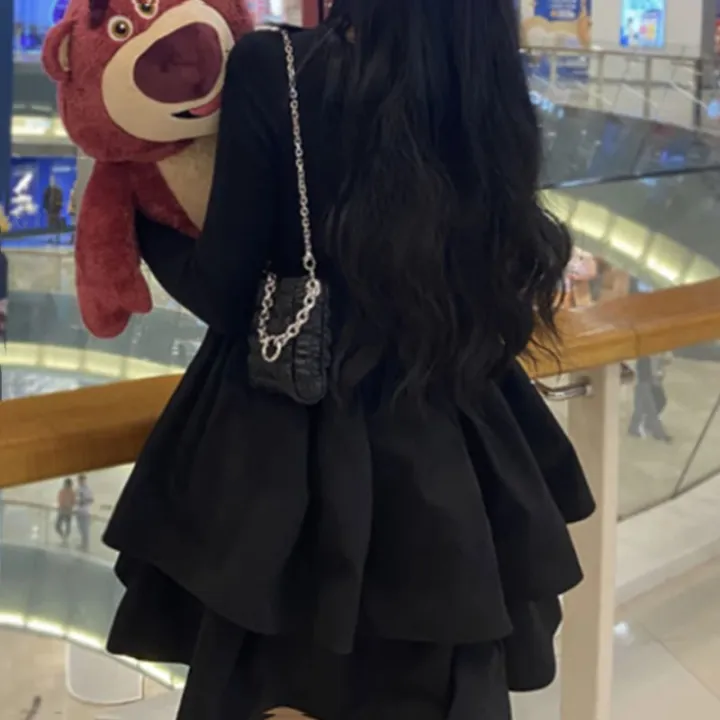 Korean%20Style%20Long%20Sleeve%20Drees%20Women%20Autumn%20Patchwork%20Square%20Collar%20Black%20Puffy%20Dresses%20Woman%20Fashion%20Prom%20Bow%20Black%20Mini%20Dress%20-%20Image%206