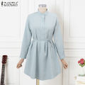 【ThinkWay】Korean Style Womens Fashion Stand Collar Long Sleeve Dress Elegant Plain Mini Shirt Dresses #10. 