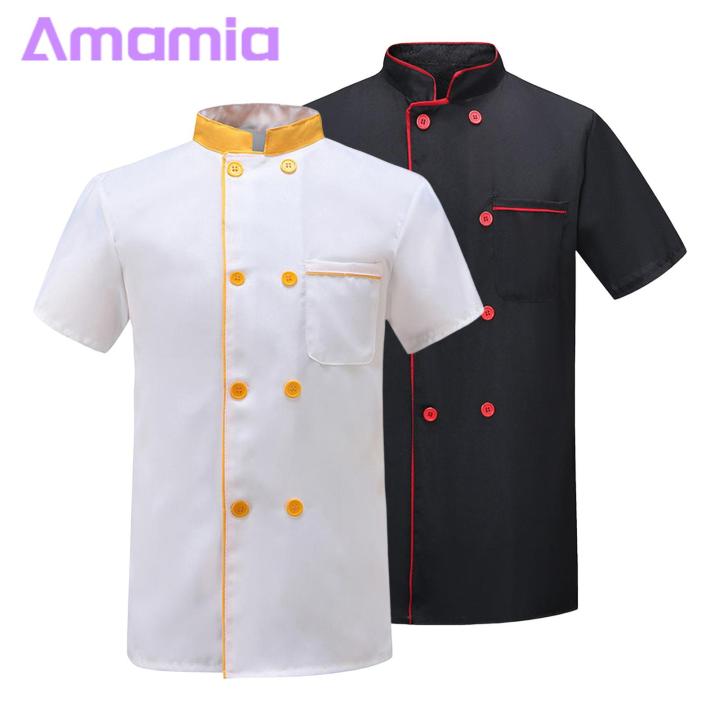 Chef%20Coat%20Summer%20Chef%20Uniform%20Short%20Sleeve%20Stand%20Collar%20Stain-resistant%20Cook%20Kitchen%20Restaurant%20Top%20Breathable%20Loose%20Fit%20for%20Chef%20Shirt%20-%20Image%203