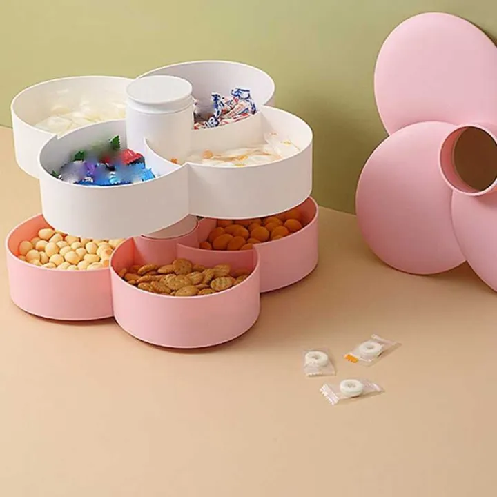 Candy and Nut Container, 6-Compartment Petal-Shaped Plastic Food Storage Lunch Double-Layer Storage Box with Lid