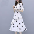 bellylady Women Cotton Short Sleeves Dress Fashion Simple Polka Dot Printing A-line Skirt High Waist V Neck Pullover Dress. 