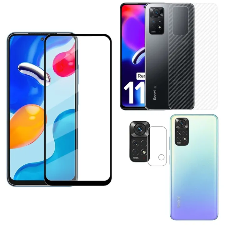Combo Pack for Redmi Note 11 Ultimate Protection Bundle with this 3-in-1 Tempered Glass Screen Protector, Carbon Fiber Back Sticker, Camera lens Clear Glass pack for Redmi Note 11