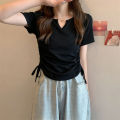 Women Cotton Sexy V-neck Blouse Drawstring Slim Fit Shirt Short Sleeves Solid Color Pullover Tops. 