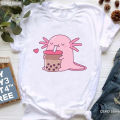 Chubby axolotl enjoys bubble tea print t shirt Girls cute koala bear/guinea pig tshirt women Harajuku kawaii clothes T-shirt. 