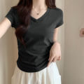 Short SleeveTWomen's T-shirtVCollar Shoulder2023Summer Pure Cotton Slim-Fit Design Sense Niche Skinny Short Hot Girl Top. 