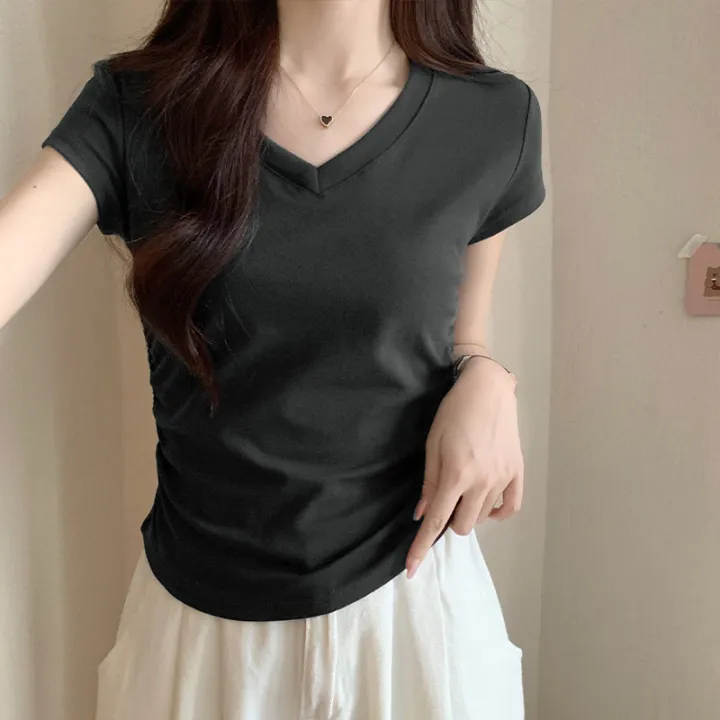 Short%20SleeveTWomen's%20T-shirtVCollar%20Shoulder2023Summer%20Pure%20Cotton%20Slim-Fit%20Design%20Sense%20Niche%20Skinny%20Short%20Hot%20Girl%20Top%20-%20Image%204
