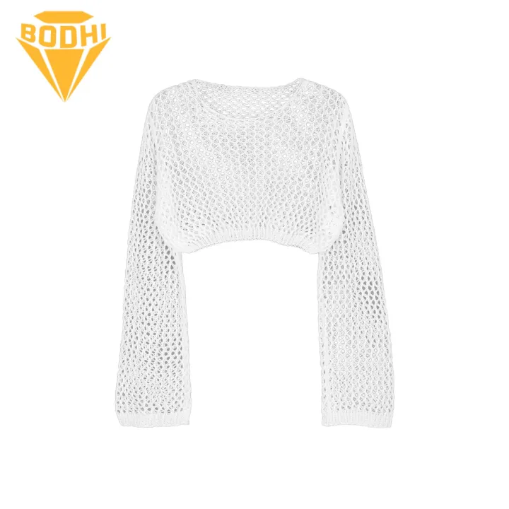 Women Cover Up Tops Stylish Hollow Fishnet Design Cover Up Top for Women Quick-drying Breathable Blouse for Beachwear Loose Fit Round Neck Long Sleeve Shirt Absorbent Cover-up