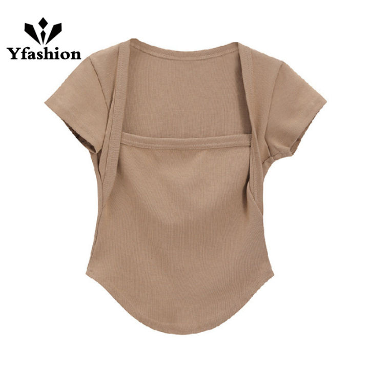 Yfashion Women Cotton Sexy T-shirt Square Collar Short Sleeve