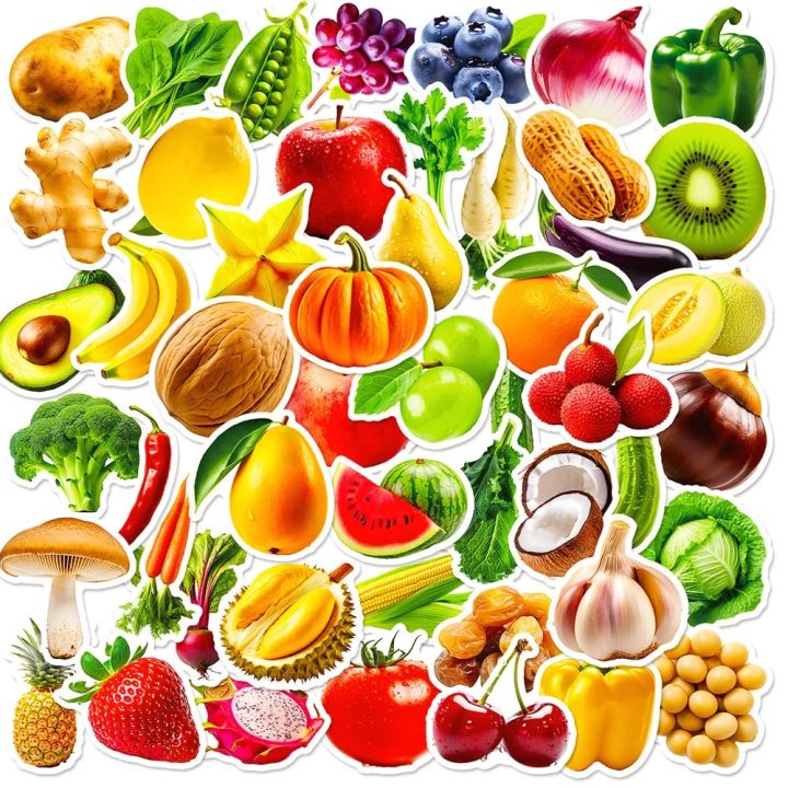 Vegetable Lettering Labels 10/50Pcs Realistic Fruits Vegetables Varied Stickers Pack for Kids ...