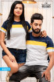 White Navy Blue Yellow Color Lined Couple T Shirt | AS572. 