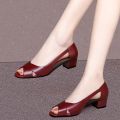 Red Women's Leather Chunky Heel Sandals Summer New Hollow-out Work Shoes Versatile Mom Shoes Stylish Peep Toe. 