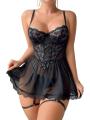 Yfashion 2 Piece Women Lingerie Lace Babydoll Lingerie Sets With Garter Belts V Neck Chemise Nightdress With Thong. 