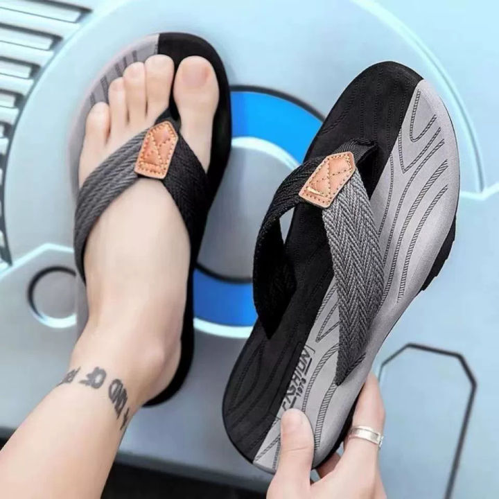 New Summer Southeast Asian Casual Trend Men's Rubber Thick Sole Flip-Flop Beach Sandals Denim Fabric In Stock