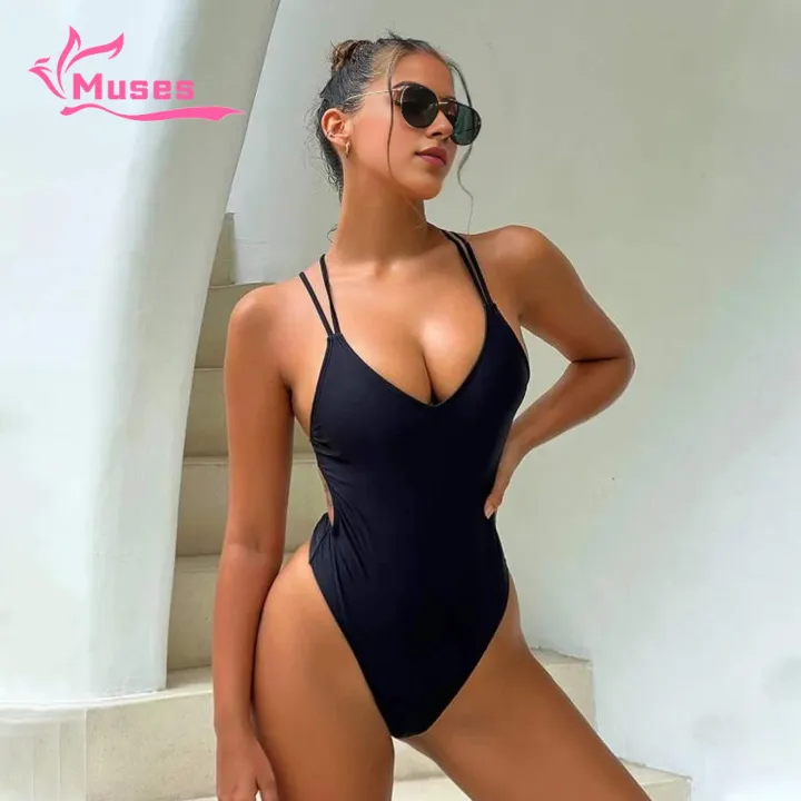 Muses Mall Criss-cross Backless Swimsuit Backless Halter One-piece Swimsuit for Women Quick Drying Swimwear in Solid Colors V-neck Monokini for Summer Beach