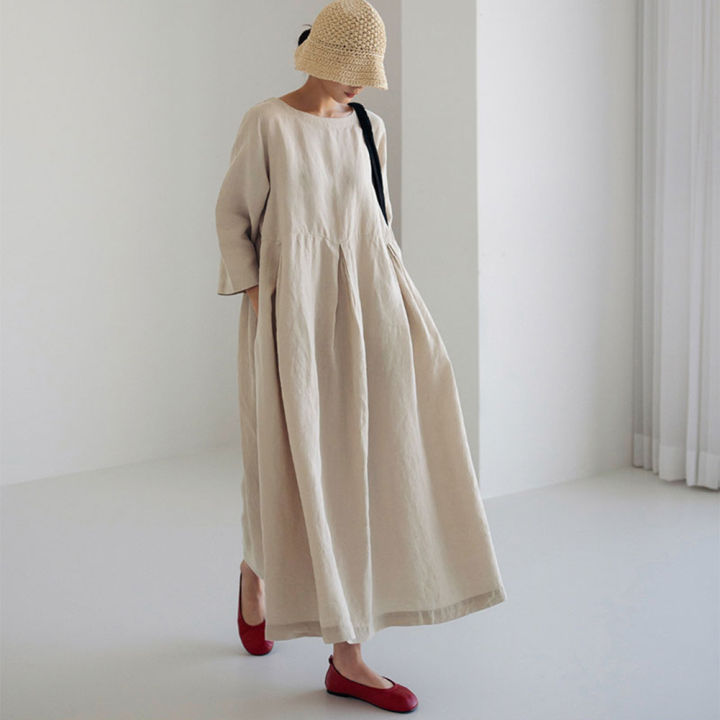 Yfashion%20Women%20Cotton%20Loose%20Large%20Size%20Dress%20Cotton%20Linen%20Round%20Neck%20Pullover%20Casual%20Simple%20Solid%20Color%20Large%20Swing%20Dress%20-%20Image%207