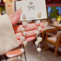 1Pair Simulation Pearl Long Earrings Love Heart Tassel Wedding Stud Earrings For Women Girl Fashion Korean Party Wedding Jewelry Gift. 