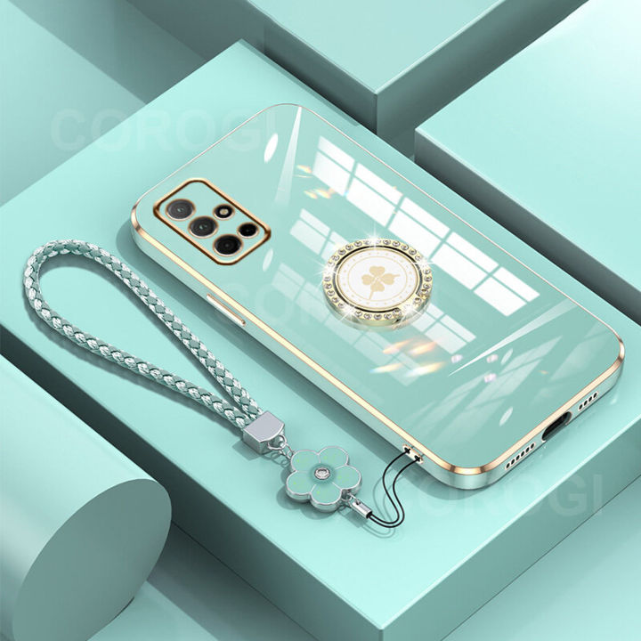 For Samsung Galaxy A51 4G A71 4G A21s A31 M51 M31 M30s M21 Back Cover with Lanyard Rhinestone Ring Stand Luxury 6D Plating Square Frame Phone Case Shiny Holder Soft Silicone Protective Cases Pouch Girls