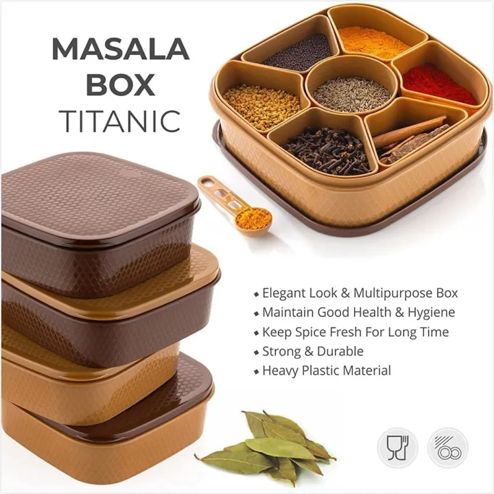 Kitchenwell Scatola Portaspezie Masala Dabba 7 In 1 – Contenitore Multiuso In Plastica Marrone - 2