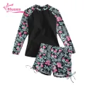 Muses Mall Long-sleeved Swimsuit Floral Print Women's Swimsuit Set with Round Neck Zipper Closure Quick Dry Conservative Beachwear for Surfing 2 Pcs/set Women Split Swimsuit. 