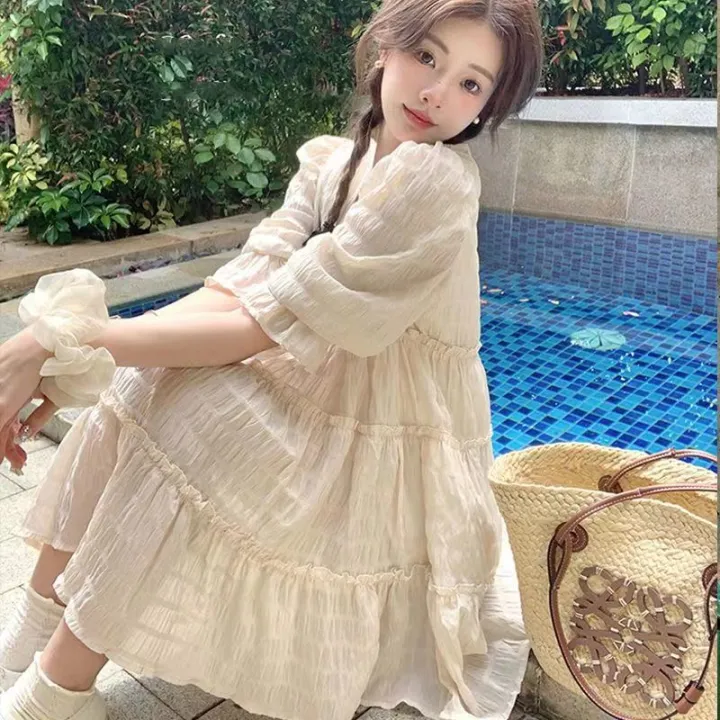 Puff%20Sleeve%20Dress%20Women's%20Texture2023Summer%20New%20Korean%20Style%20Sweet%20and%20Fresh%20Petite%20Short%20Dress%20Cake%20Dress%20-%20Image%205
