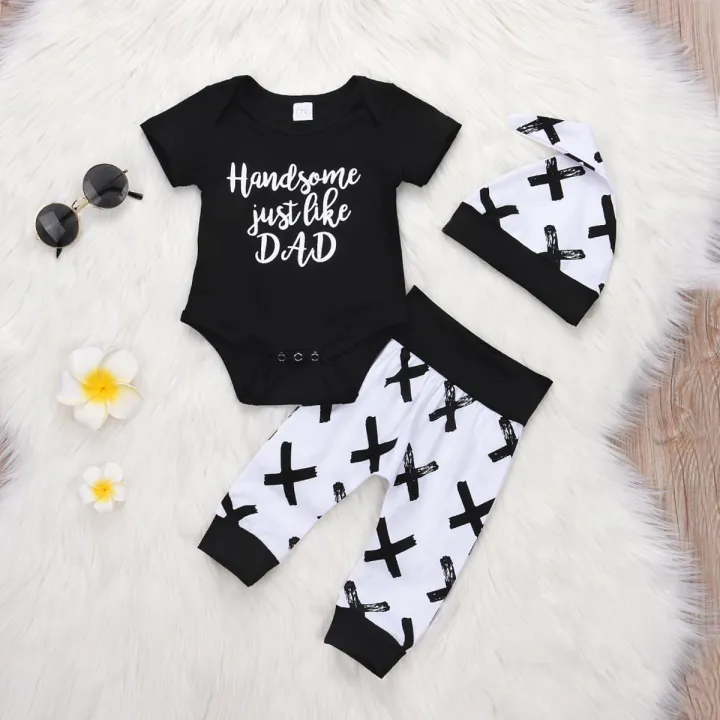 3Pcs Newborn Baby Boys Cotton Black Letter Top Romper Jumpsuit Long Pants Leggings +Hat Outfits Clothes 0-24M