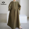 Yfashion Women Cotton Loose Large Size Dress Cotton Linen Round Neck Pullover Casual Simple Solid Color Large Swing Dress. 
