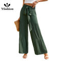Yfashion Women Casual Wide-leg Pants High Waist Loose Straight Trousers Simple Elegant Solid Color Lace-up Pants. 