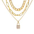 Ins Vintage Micro Inlay 3 Layer Lock Pendant Multilayer Necklace. 