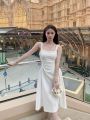 Tea Break French Style Zhao Lusi Star Same Evening Dress 2024 Summer New Slim Fit Braces in White Dress. 