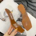【BestGO】 Women Slipper Summer Crystal Heel Beach Slippers Transparent Square Toe Shoes. 
