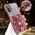 For OPPO A95 4G / OPPO F19 Back Cover with Cute Rabbit Makeup Mirror Stand Luxury Slim Gradient Plating Glitter Girls Phone Case Clear Soft Silicone Protective Cases Pouch. 